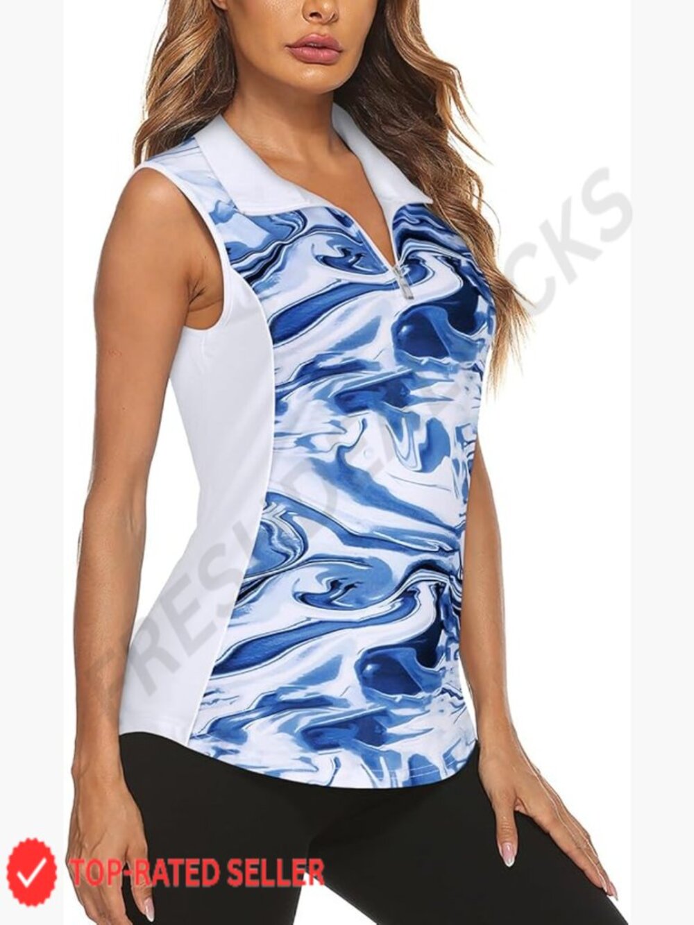 Sleeveless Quarter Zip Polo Tank Top Activewear Floral Print Athletic Chic